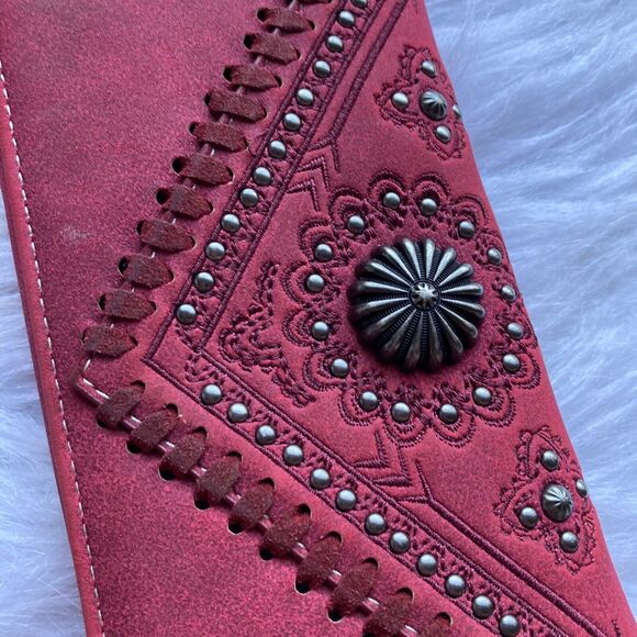 Montana West Leather Wallet Clutch Red Silver Bedazzled Western Zip Up Jeweled - Picture 2 of 11